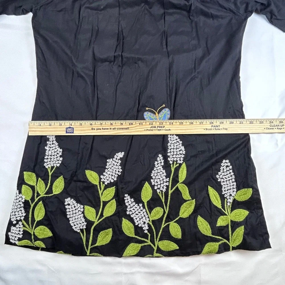 Black Floral Embroidered Butterfly Women's Artsy Chic Boho Spring Dress Sz. L - Picture 8 of 12